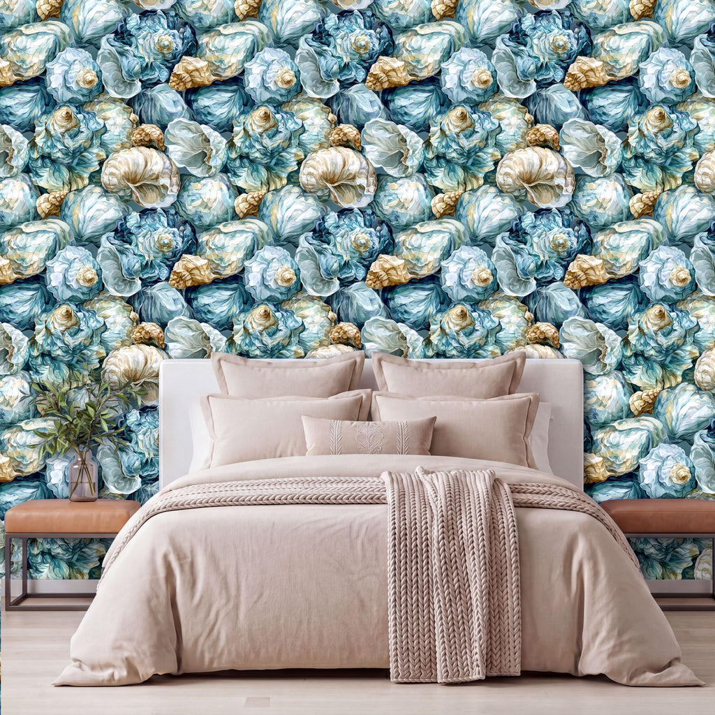 a bedroom with a large bed, a wooden nightstand, and a wallpapered wall with a pattern of blue and gold seashells.