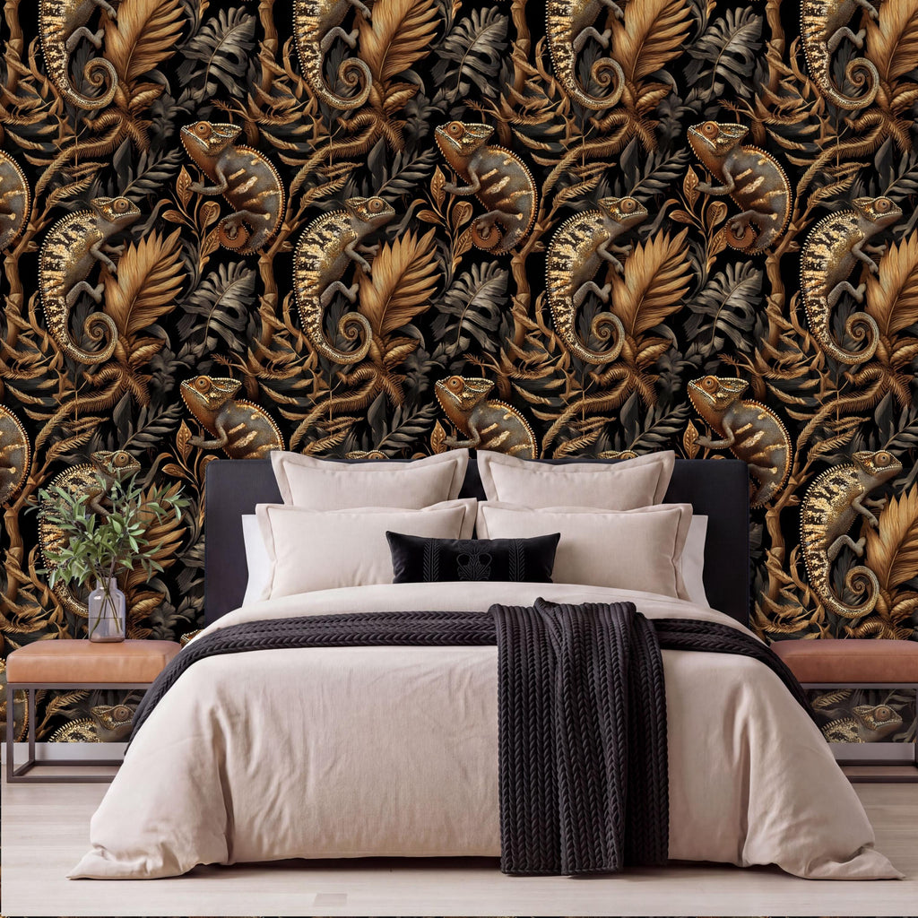 a bedroom with a large bed, dark headboard, and a wallpapered wall with a repeating pattern of chameleons and leaves in gold and black colors.