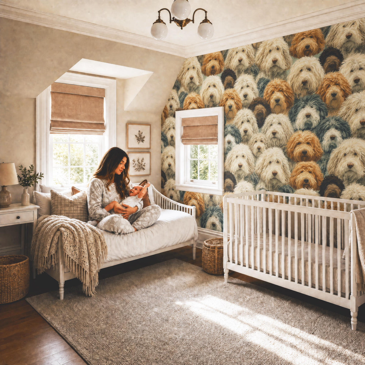 A woman sits on a white daybed in a cozy nursery, surrounded by a wallpapered wall with a repeating pattern of dogs.