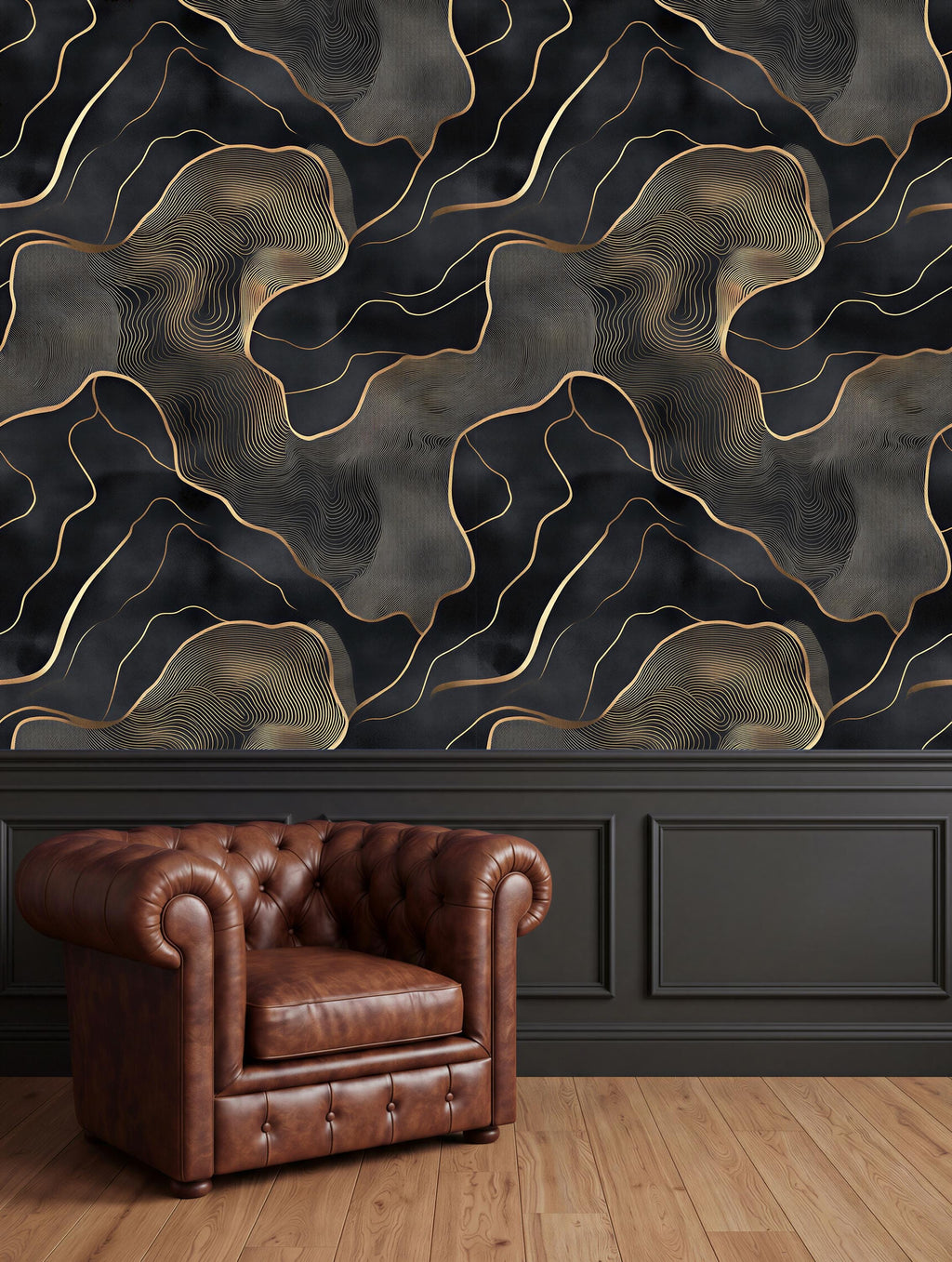 a brown leather armchair positioned in front of a dark wall with a gold and black abstract pattern.