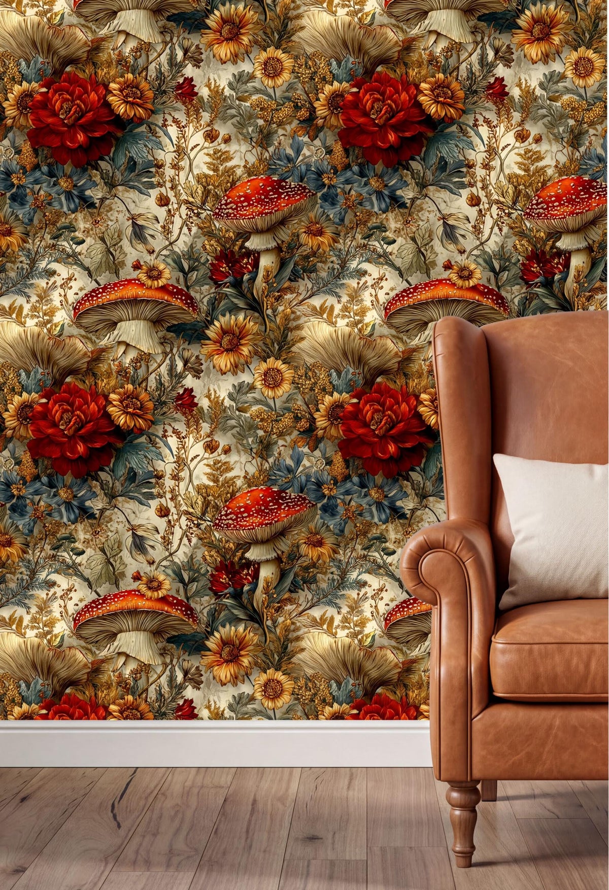a vibrant, floral-patterned wallpaper with mushrooms and flowers in shades of red, orange, and yellow. The wallpaper is set against a wooden floor and a brown leather armchair is positioned in the foreground.