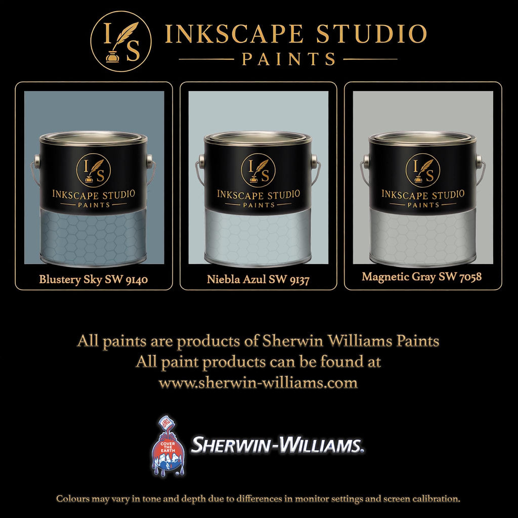 The image is an advertisement for Sherwin Williams paints, featuring three different paint color samples from the Inkscape Studio.