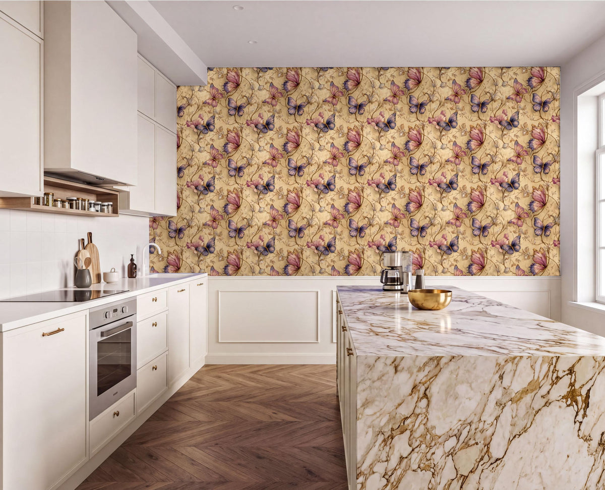 a modern kitchen with a marble countertop and a large wallpapered wall featuring a floral pattern. The kitchen is well-equipped with white cabinets and a stainless steel oven.