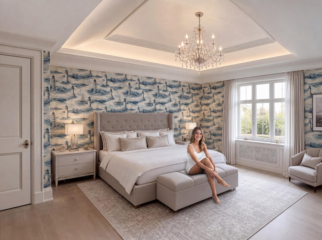 A woman sits on a bench in a luxurious bedroom with a large bed, a chandelier, and a patterned wallpaper.