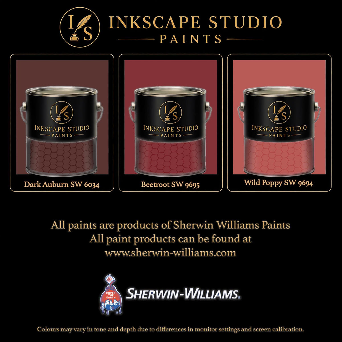 The image is an advertisement for Sherwin Williams paints, featuring three different paint color samples from the Inkscape Studio.
