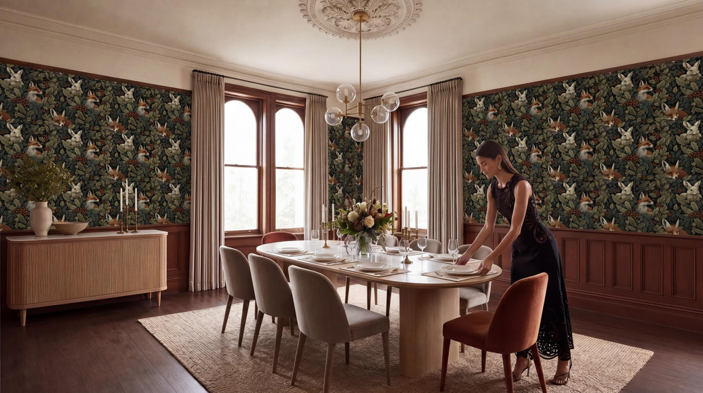 A woman in a black dress is setting the table in a dining room with a large floral wallpaper, a chandelier, and a wooden table with chairs.
