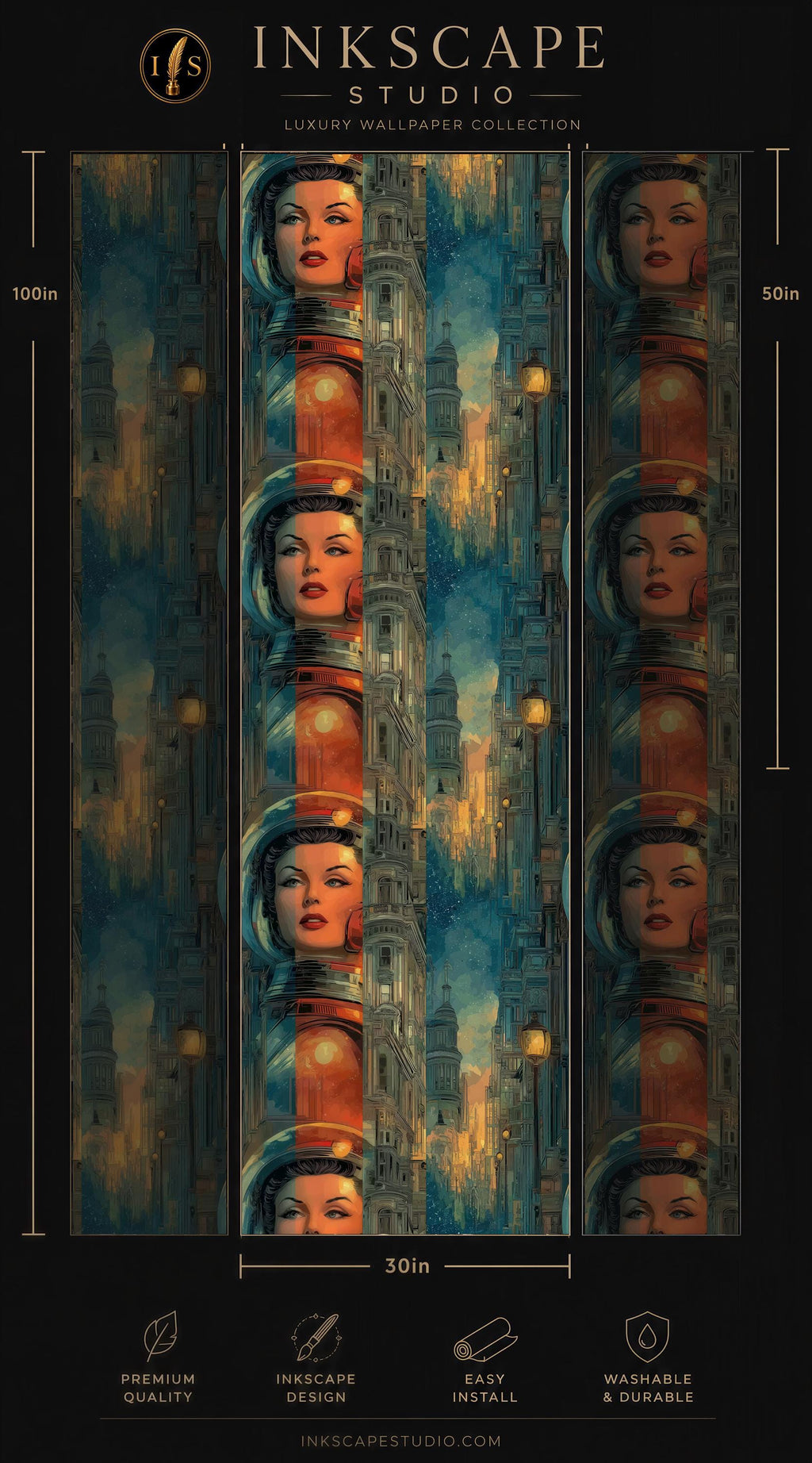 The image is a collage of multiple images featuring a woman's face in various poses and settings, including a cityscape and a space-themed background.