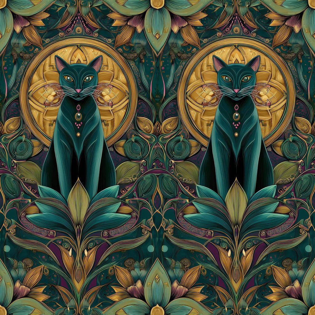 The image is a vibrant and intricate pattern featuring two black cats surrounded by a lush, ornate floral and leaf design. The cats are positioned in the center of the image, with the floral and leaf motifs surrounding them, creating a visually striking and harmonious composition.