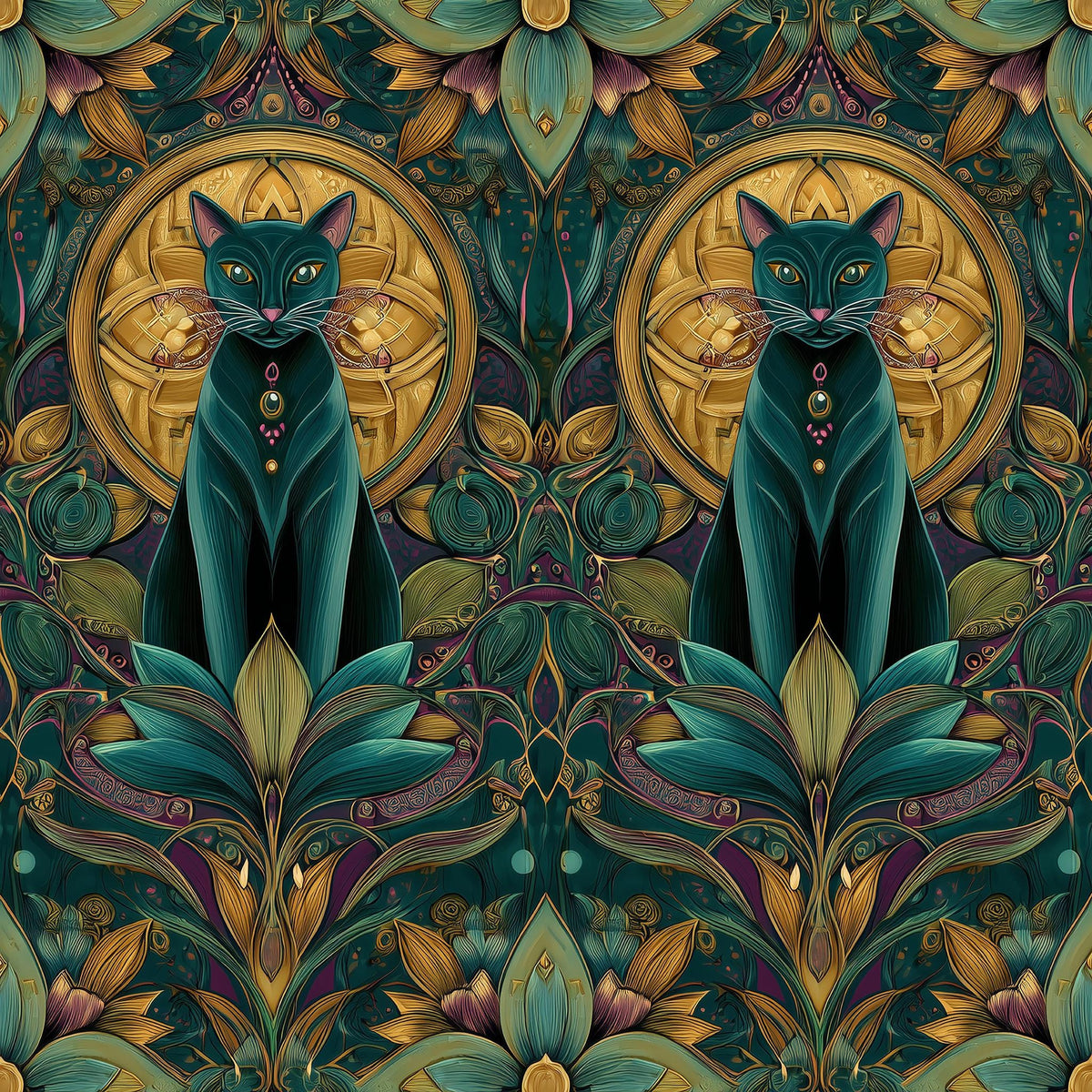 The image is a vibrant and intricate pattern featuring two black cats surrounded by a lush, ornate floral and leaf design. The cats are positioned in the center of the image, with the floral and leaf motifs surrounding them, creating a visually striking and harmonious composition.