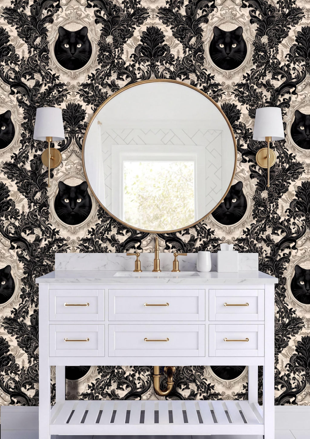 a bathroom vanity with a white countertop and drawers, set against a black and white wallpaper with a repeating pattern of black cat faces. Above the vanity is a round mirror with two white sconces on either side.