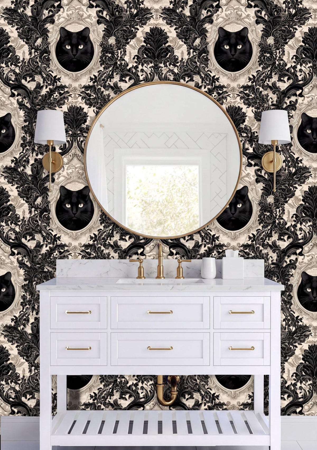a bathroom vanity with a white countertop and drawers, set against a black and white wallpaper with a repeating pattern of black cat faces. Above the vanity is a round mirror with two white sconces on either side.