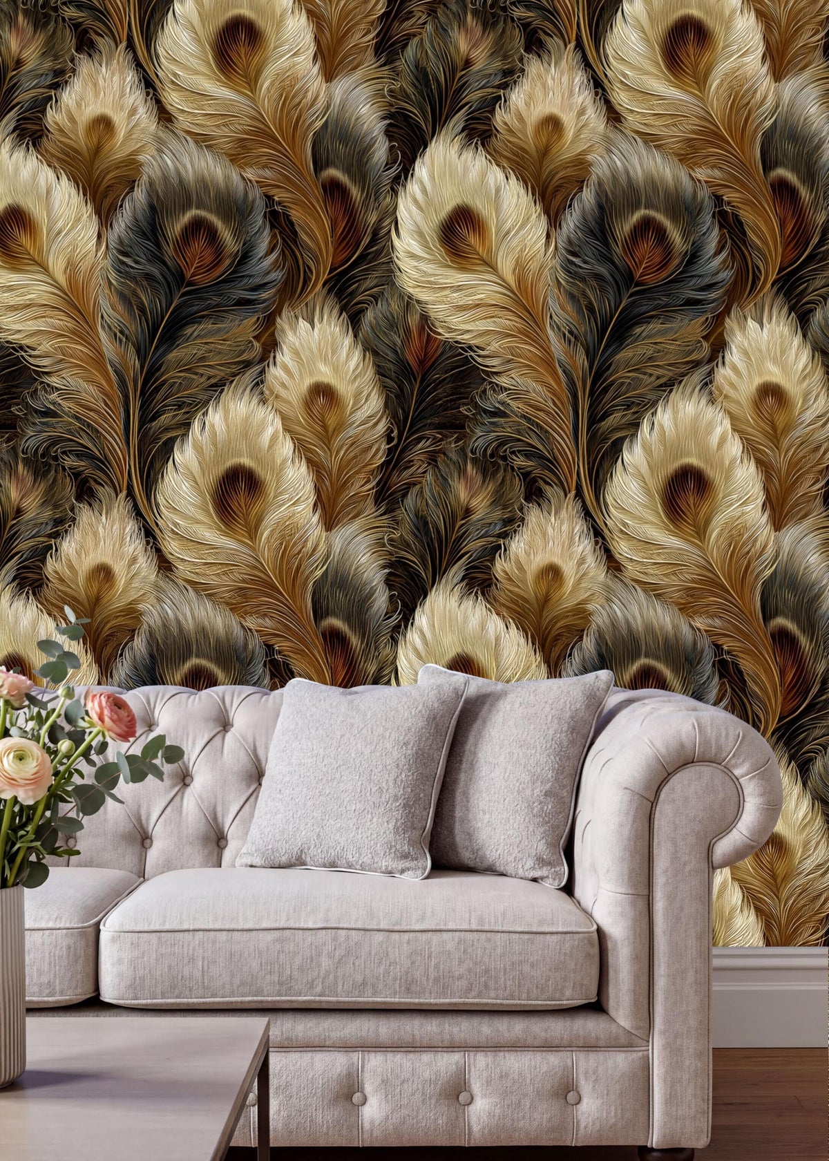 a white sofa with two gray pillows, set against a wall with a repeating pattern of peacock feathers in various shades of brown, gold, and black.