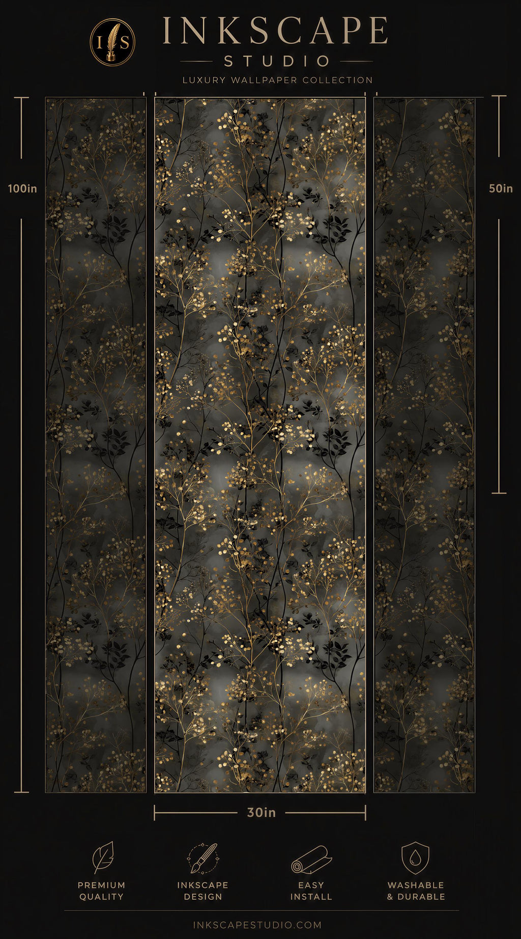 The image is a collage of three panels, each featuring a black and gold floral pattern. The panels are arranged in a vertical format, with the top panel being the largest and the bottom panel being the smallest. The middle panel is the largest, while the bottom panel is the smallest. The image is described as a luxury wallpaper collection, and it is a 30in panel. The panels are designed to be easy to install and washable.