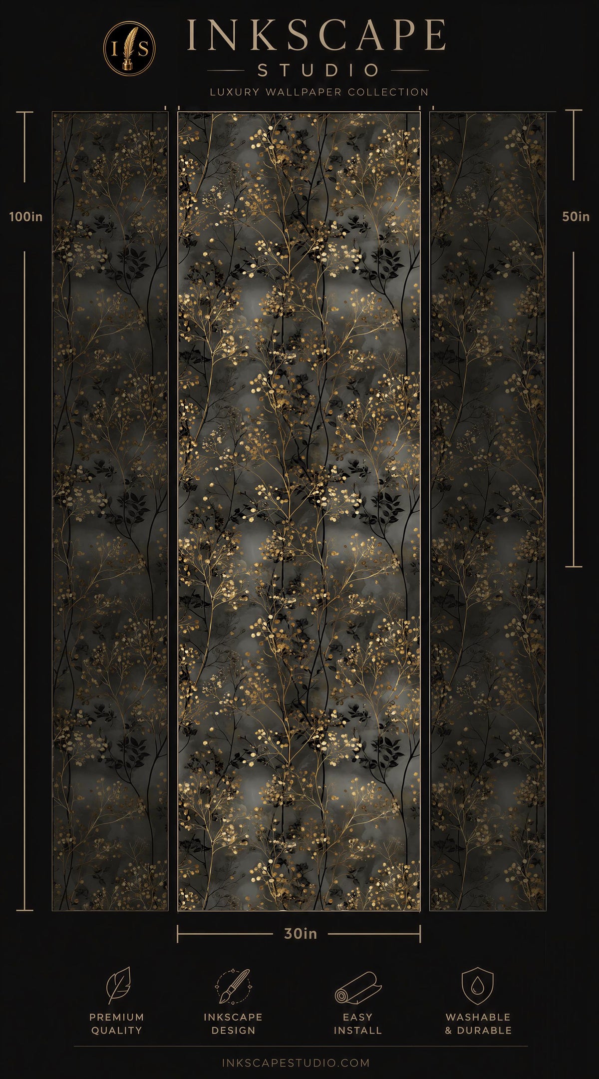 The image is a collage of three panels, each featuring a black and gold floral pattern. The panels are arranged in a vertical format, with the top panel being the largest and the bottom panel being the smallest. The middle panel is the largest, while the bottom panel is the smallest. The image is described as a luxury wallpaper collection, and it is a 30in panel. The panels are designed to be easy to install and washable.