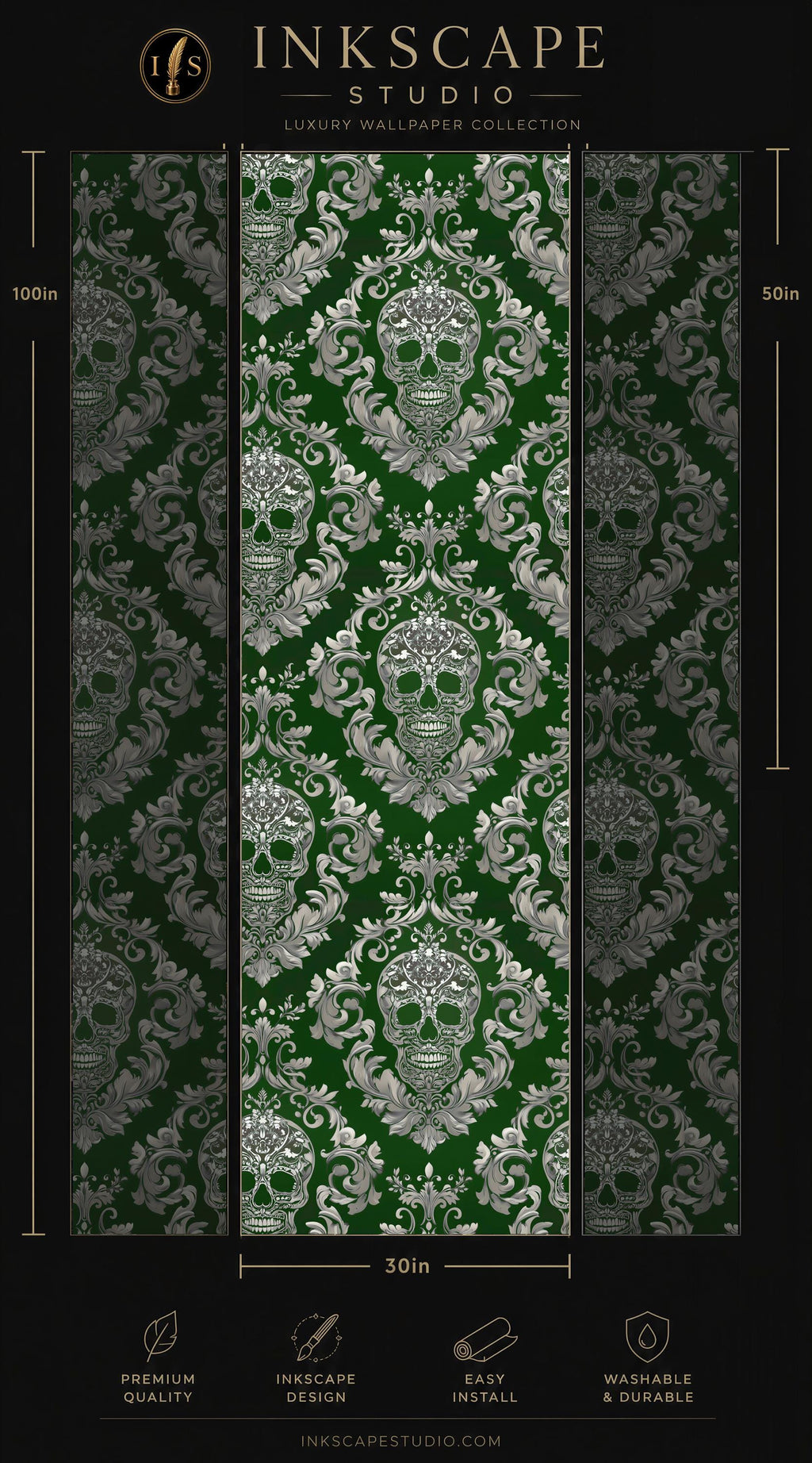 The image is a collage of three images featuring a repeating pattern of green and white skulls on a dark green background. The pattern is ornate and detailed, creating a striking visual effect. The collage is presented in a professional manner, with a focus on the design and layout of the images.