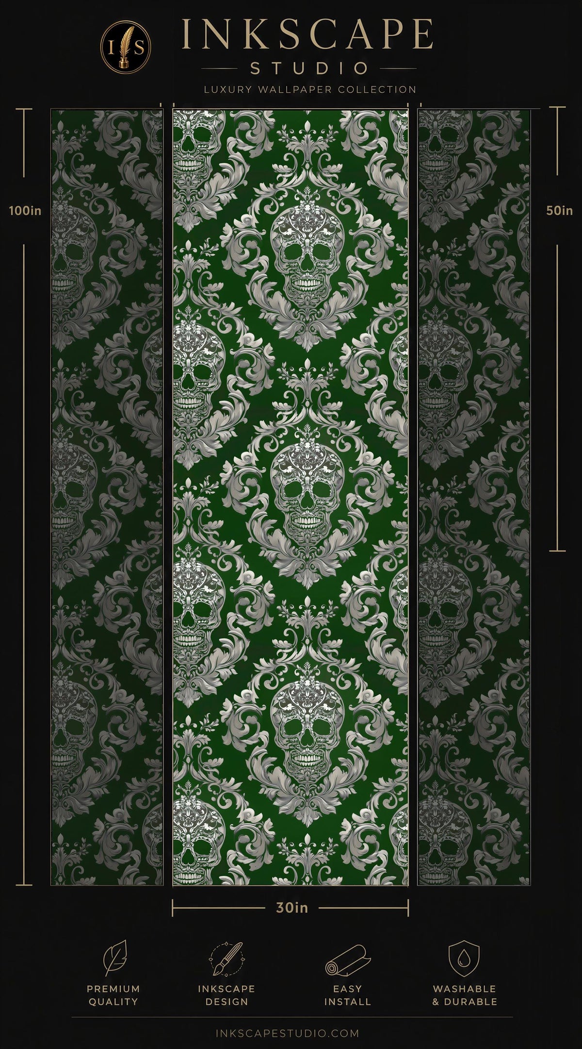 The image is a collage of three images featuring a repeating pattern of green and white skulls on a dark green background. The pattern is ornate and detailed, creating a striking visual effect. The collage is presented in a professional manner, with a focus on the design and layout of the images.