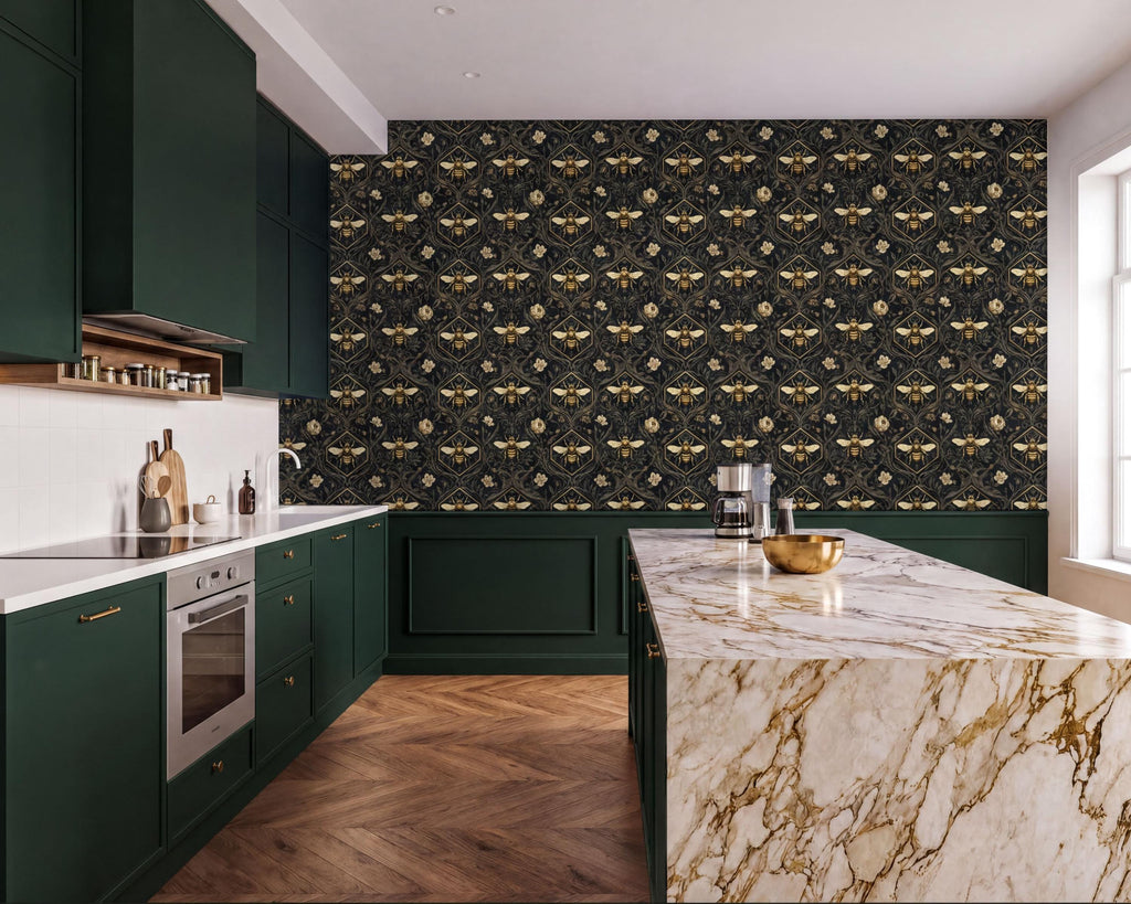 The image showcases a modern kitchen with a marble countertop and dark green cabinets. The kitchen features a large island with a marble top, and the walls are adorned with a patterned wallpaper. The overall design and color scheme of the kitchen create a luxurious and sophisticated atmosphere.
