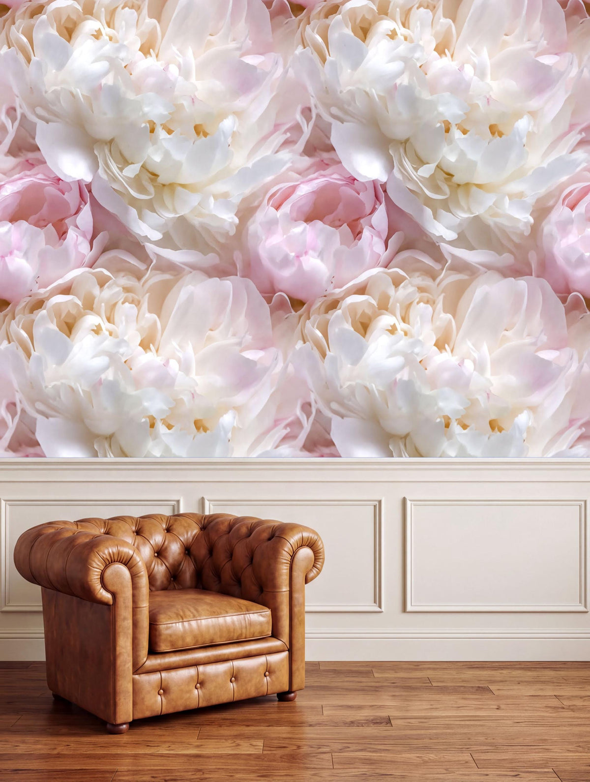 a large floral wallpaper with white and pink flowers, creating a soft and elegant atmosphere. In the foreground, there is a brown leather armchair, adding a touch of warmth and sophistication to the scene.