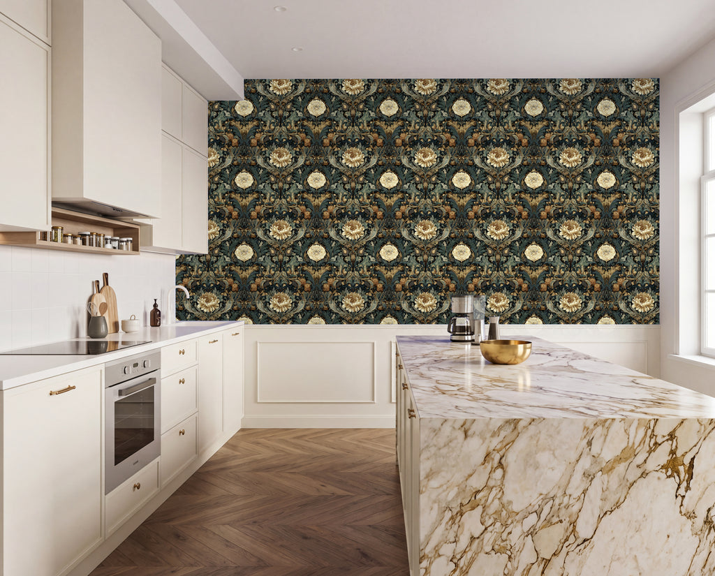 a modern kitchen with a marble countertop and a patterned wallpaper on the wall.