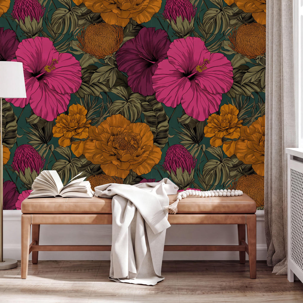 a vibrant floral wallpaper with a variety of colorful flowers and leaves, creating a lively and cheerful atmosphere. In the foreground, there is a wooden bench with an open book and a white blanket draped over it. The overall scene conveys a sense of warmth and comfort, with the colorful wallpaper serving as a backdrop for the cozy setting.