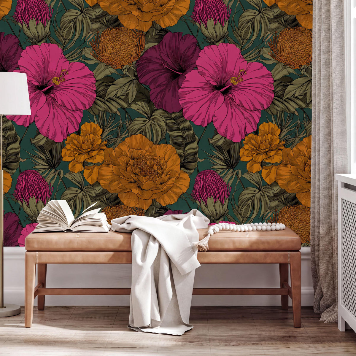 a vibrant floral wallpaper with a variety of colorful flowers and leaves, creating a lively and cheerful atmosphere. In the foreground, there is a wooden bench with an open book and a white blanket draped over it. The overall scene conveys a sense of warmth and comfort, with the colorful wallpaper serving as a backdrop for the cozy setting.