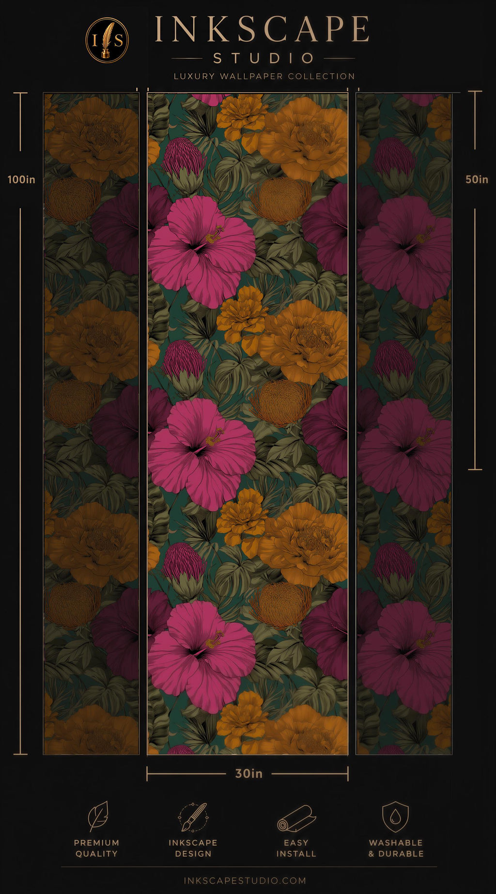 The image is a collage of three panels featuring a floral pattern with pink and yellow flowers against a dark green background. The panels are arranged in a vertical format, with the largest panel at the top and the smallest at the bottom. The image is described as a luxury wallpaper collection, and it is 30 inches wide. The panels are labeled with various features such as "Premium quality", "Easy to install", and "Washable & durable".