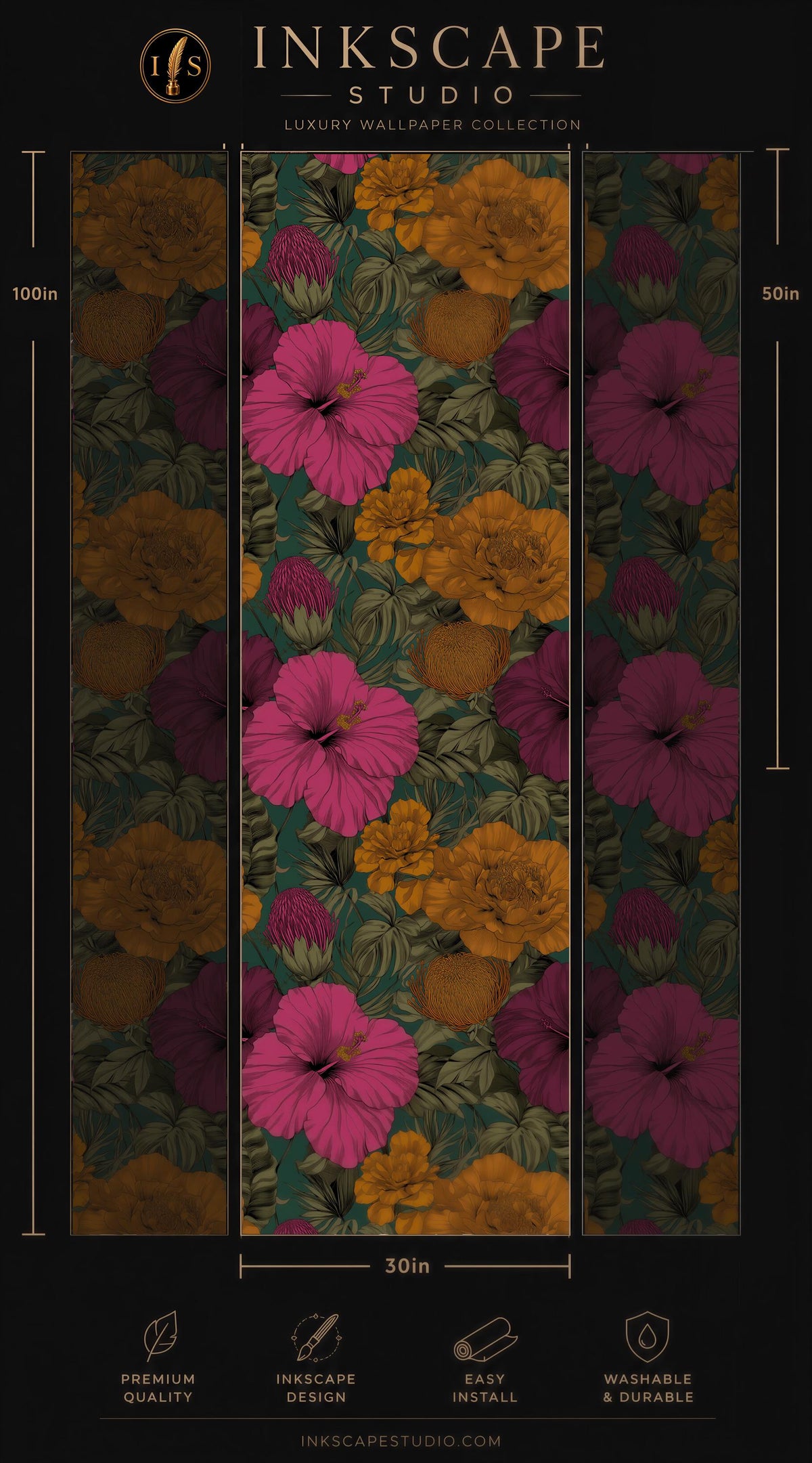 The image is a collage of three panels featuring a floral pattern with pink and yellow flowers against a dark green background. The panels are arranged in a vertical format, with the largest panel at the top and the smallest at the bottom. The image is described as a luxury wallpaper collection, and it is 30 inches wide. The panels are labeled with various features such as "Premium quality", "Easy to install", and "Washable & durable".
