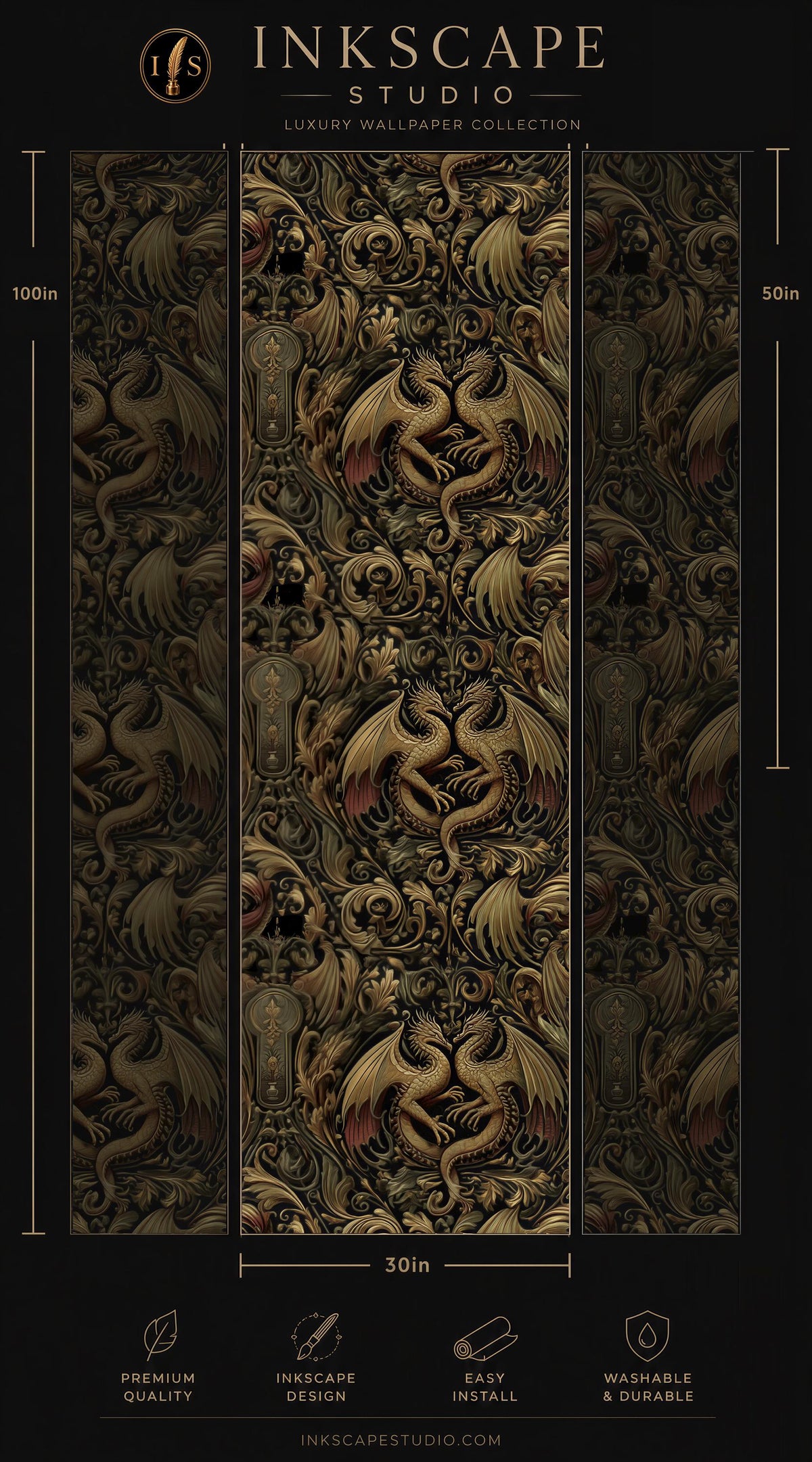 The image is a detailed and intricate wallpaper design featuring a repeating pattern of ornate, golden dragon motifs. The wallpaper is part of a luxury wallpaper collection from the Inkscape Studio, which includes a 30in width and is described as easy to install and washable.