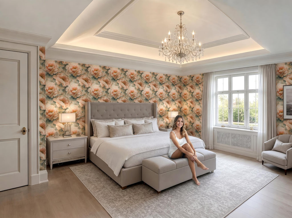A woman sits on a bench in a luxurious bedroom with a large bed, floral wallpaper, and a chandelier overhead.