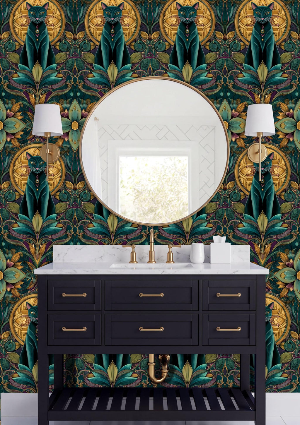 a bathroom vanity with a black countertop and a round mirror above it. The wall behind the vanity has a vibrant, colorful floral pattern in shades of green, gold, and purple. There are two white lamps on either side of the mirror, and the overall design has a luxurious and elegant aesthetic.