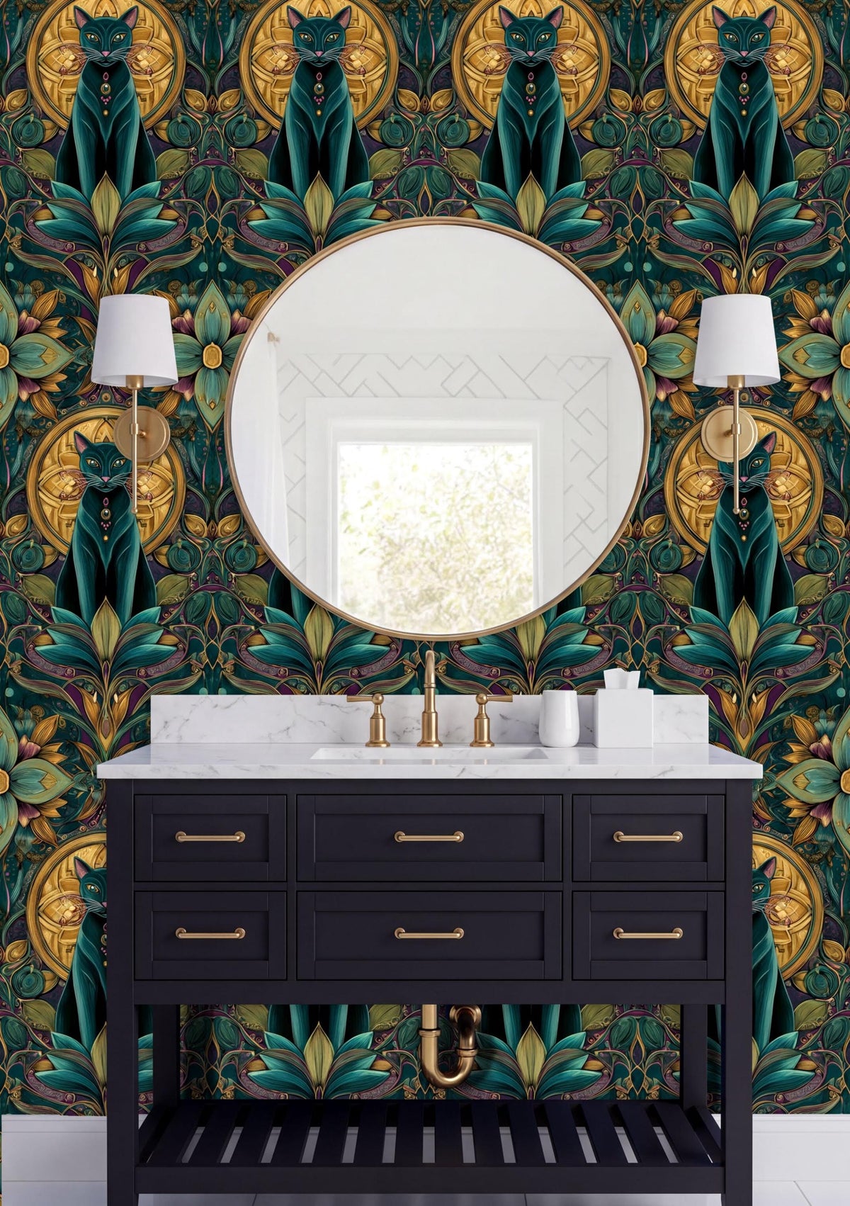a bathroom vanity with a black countertop and a round mirror above it. The wall behind the vanity has a vibrant, colorful floral pattern in shades of green, gold, and purple. There are two white lamps on either side of the mirror, and the overall design has a luxurious and elegant aesthetic.