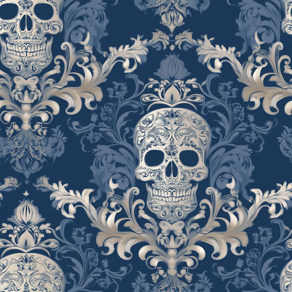 a repeating pattern of ornate, decorative skull designs against a dark blue background. The skulls are intricately detailed and surrounded by elaborate floral and leaf patterns, creating a striking and visually captivating design.