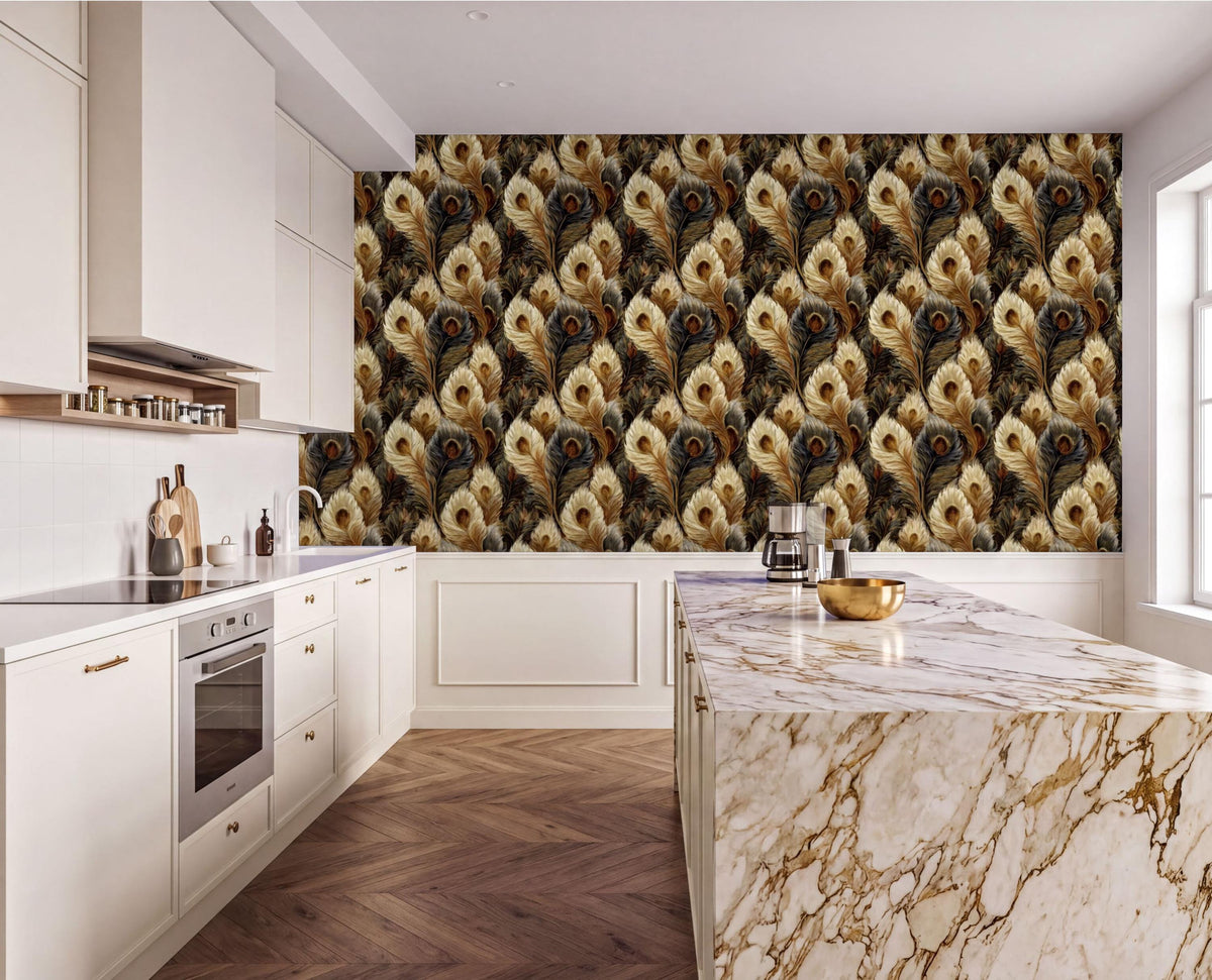 a modern kitchen with a marble countertop and a large wallpapered wall featuring a repeating pattern of peacock feathers in various shades of brown and gold.
