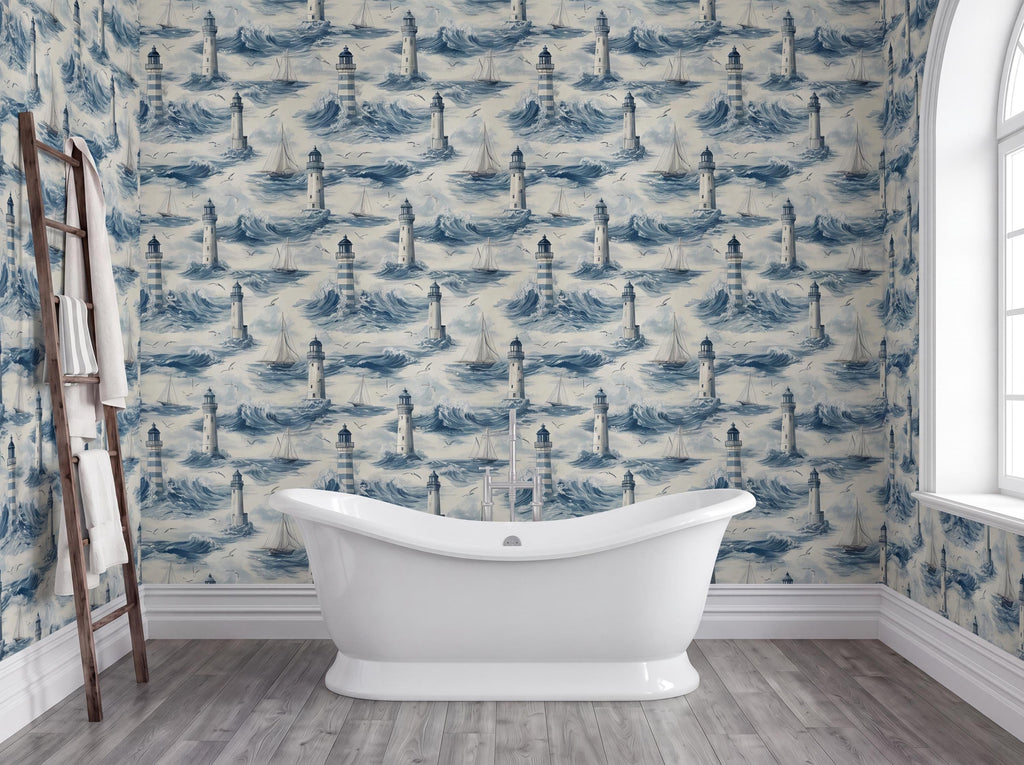 a bathroom with a white freestanding bathtub in the center, surrounded by a blue and white lighthouse wallpaper. A wooden ladder is leaning against the wall next to the bathtub.