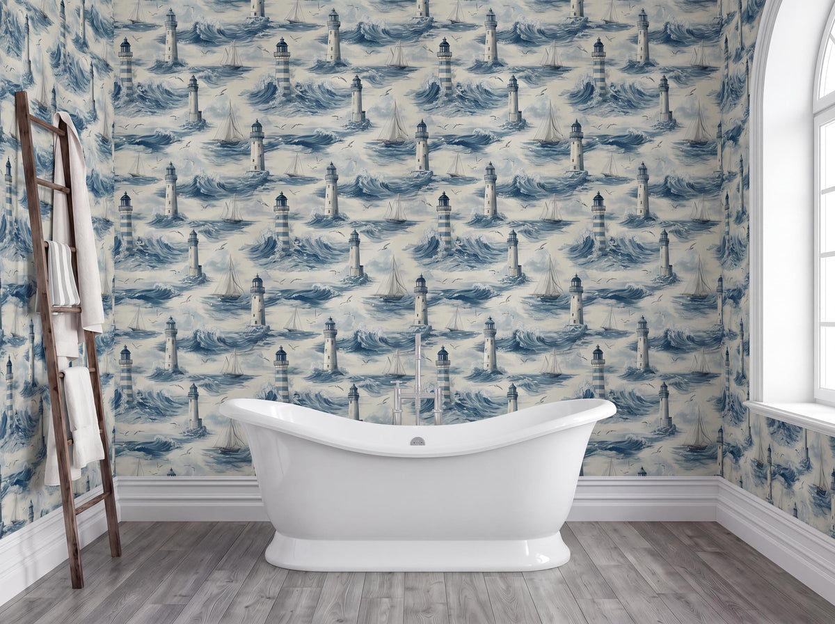 a bathroom with a white freestanding bathtub in the center, surrounded by a blue and white lighthouse wallpaper. A wooden ladder is leaning against the wall next to the bathtub.
