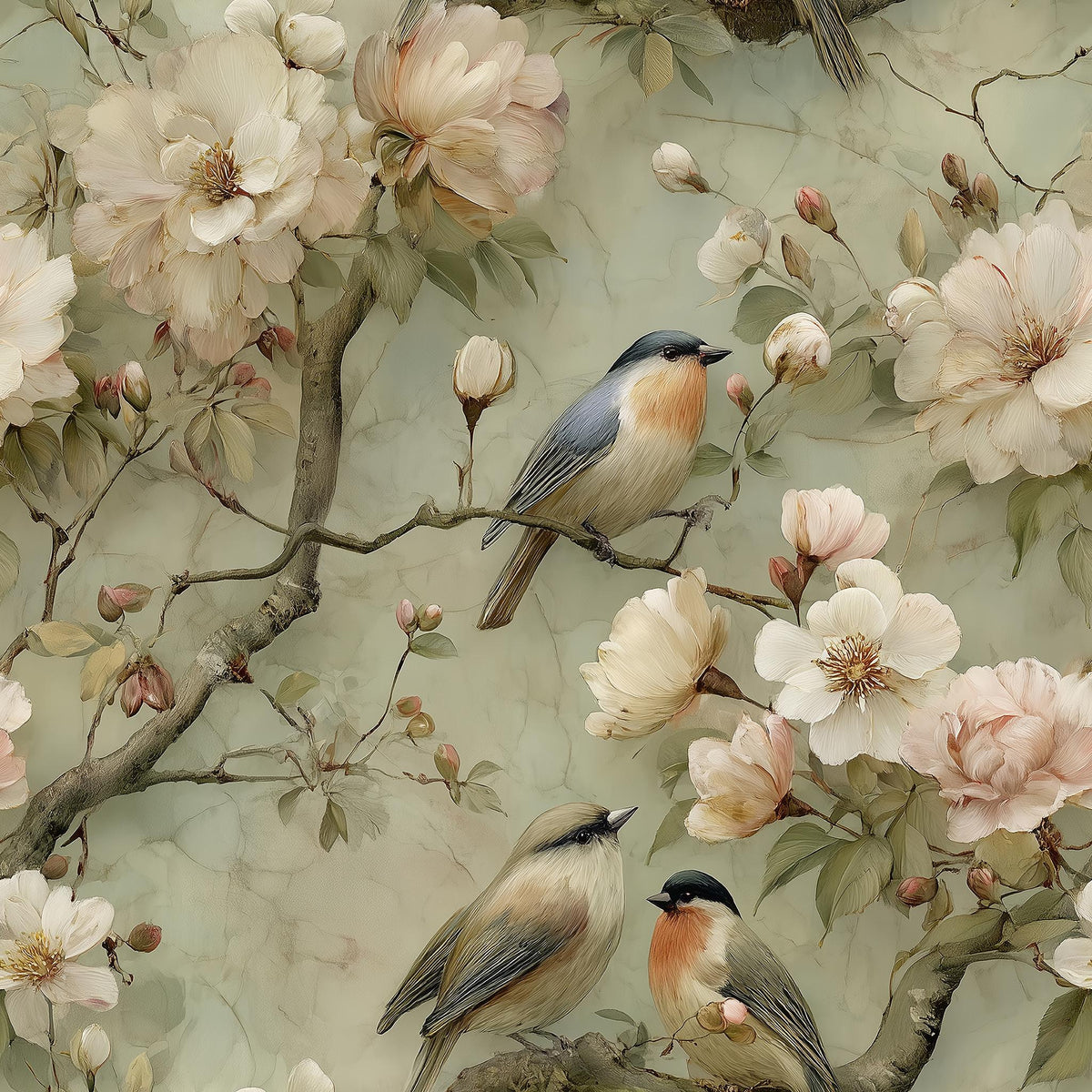 three birds perched on branches adorned with delicate pink and white flowers.