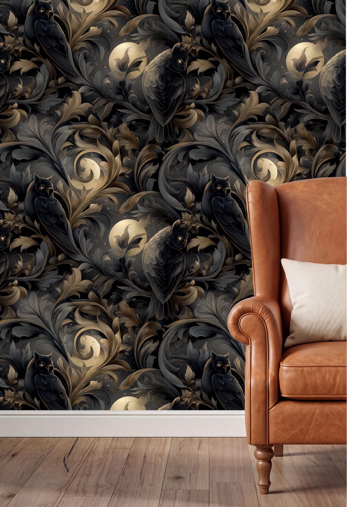a dark, ornate wallpaper with a repeating pattern of black owls and a moon-like design. The wallpaper is set against a wooden floor and a brown leather armchair is visible in the foreground.