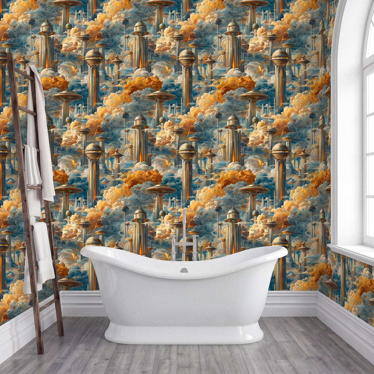 a bathroom with a white freestanding bathtub in the center, surrounded by a vibrant, colorful wallpaper with a repeating pattern of towers and clouds in shades of orange, blue, and yellow.