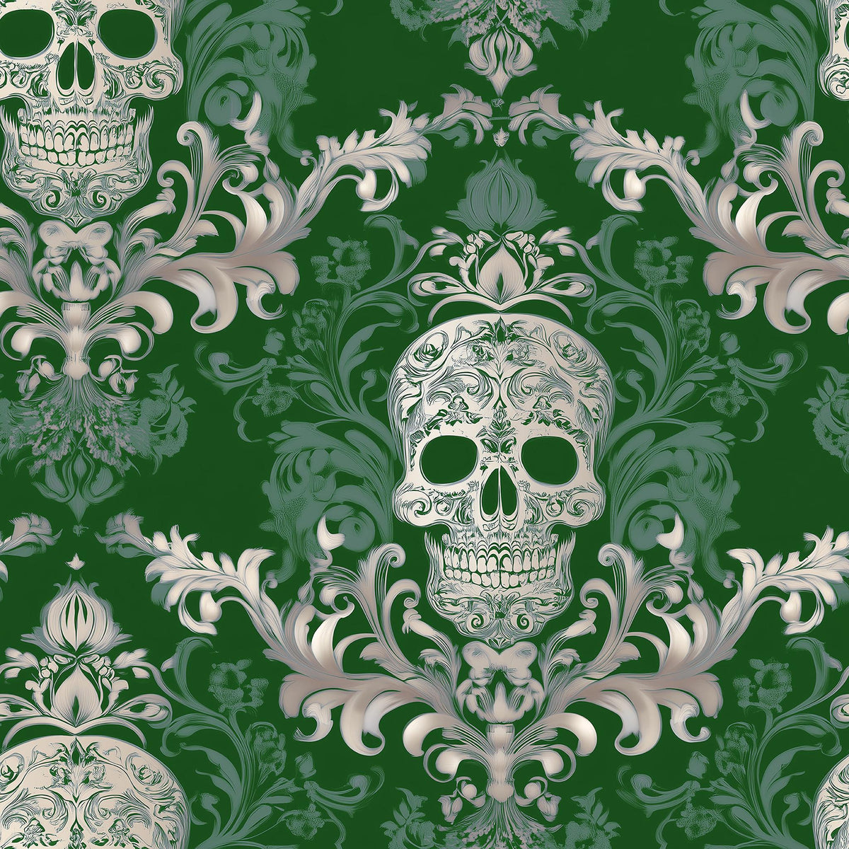a repeating pattern of ornate, floral designs and skulls against a dark green background.