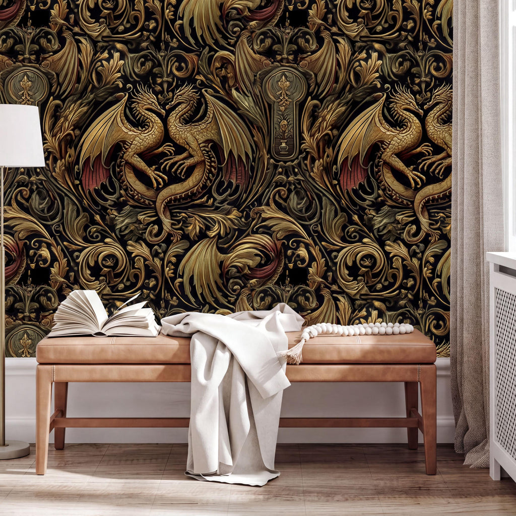 a wooden bench with a white blanket draped over it, positioned in front of a wall with an ornate, gold-colored dragon design. The wall is decorated with intricate patterns and designs, creating a visually striking and luxurious atmosphere.