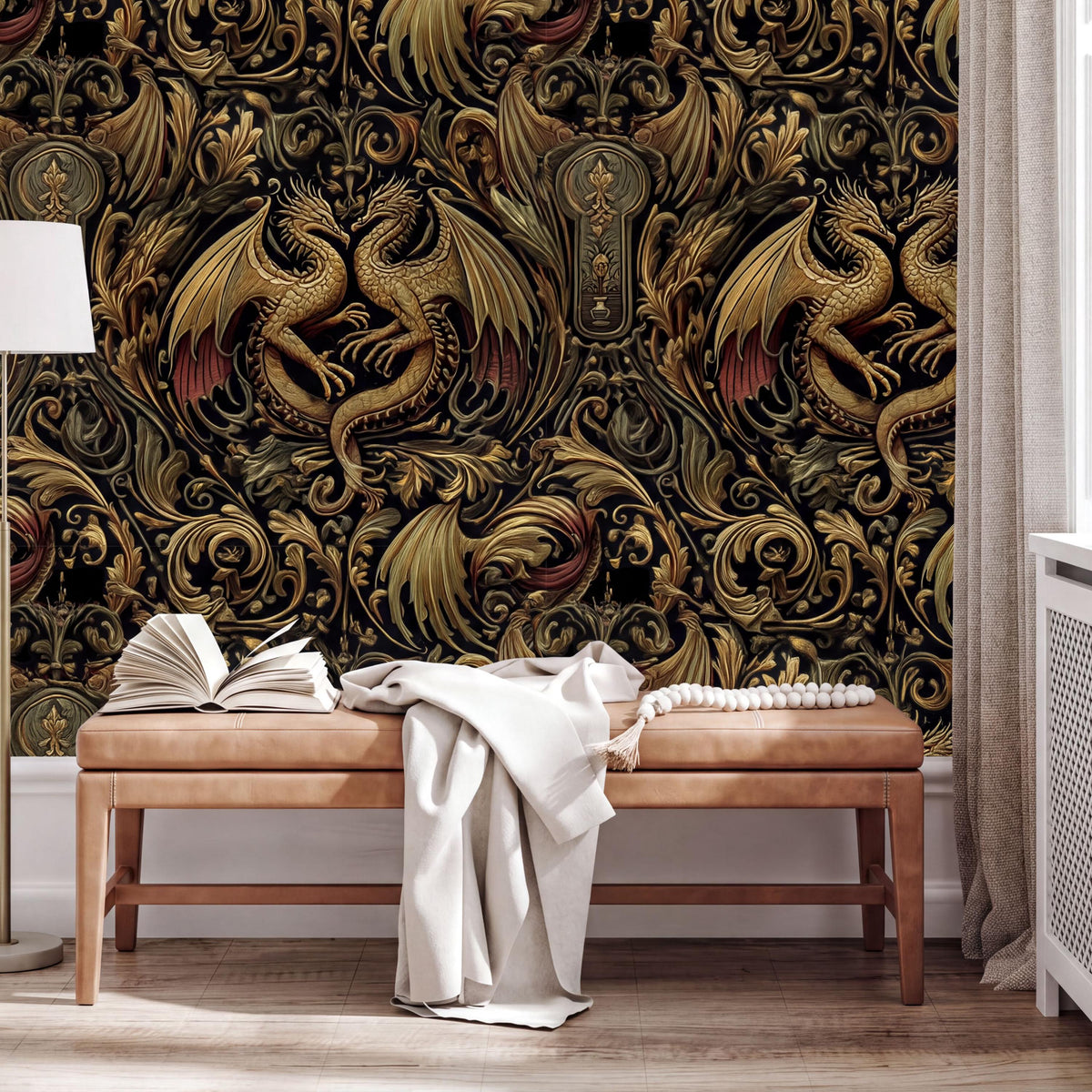 a wooden bench with a white blanket draped over it, positioned in front of a wall with an ornate, gold-colored dragon design. The wall is decorated with intricate patterns and designs, creating a visually striking and luxurious atmosphere.