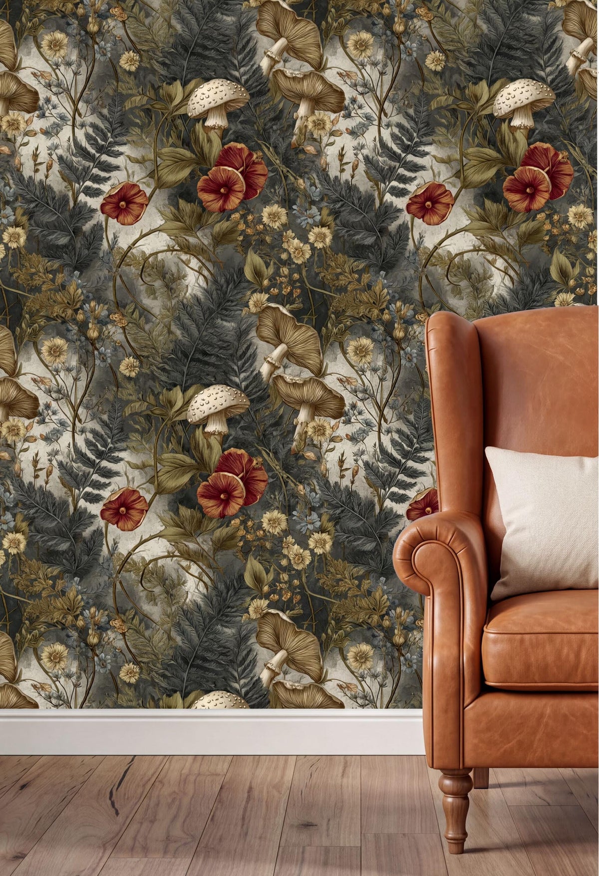 a wallpapered wall with a floral pattern, including mushrooms, leaves, and flowers in shades of green, brown, and red. In the foreground, there is a brown leather armchair with a white pillow on it.