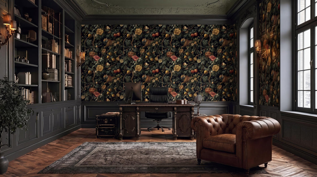 a luxurious and well-appointed home office with a large, ornate wallpaper featuring a floral pattern. The room is furnished with a leather armchair, a wooden desk, and a large window that allows natural light to flood the space. The room also includes a bookshelf filled with books and various decorative items, creating a sophisticated and elegant atmosphere.