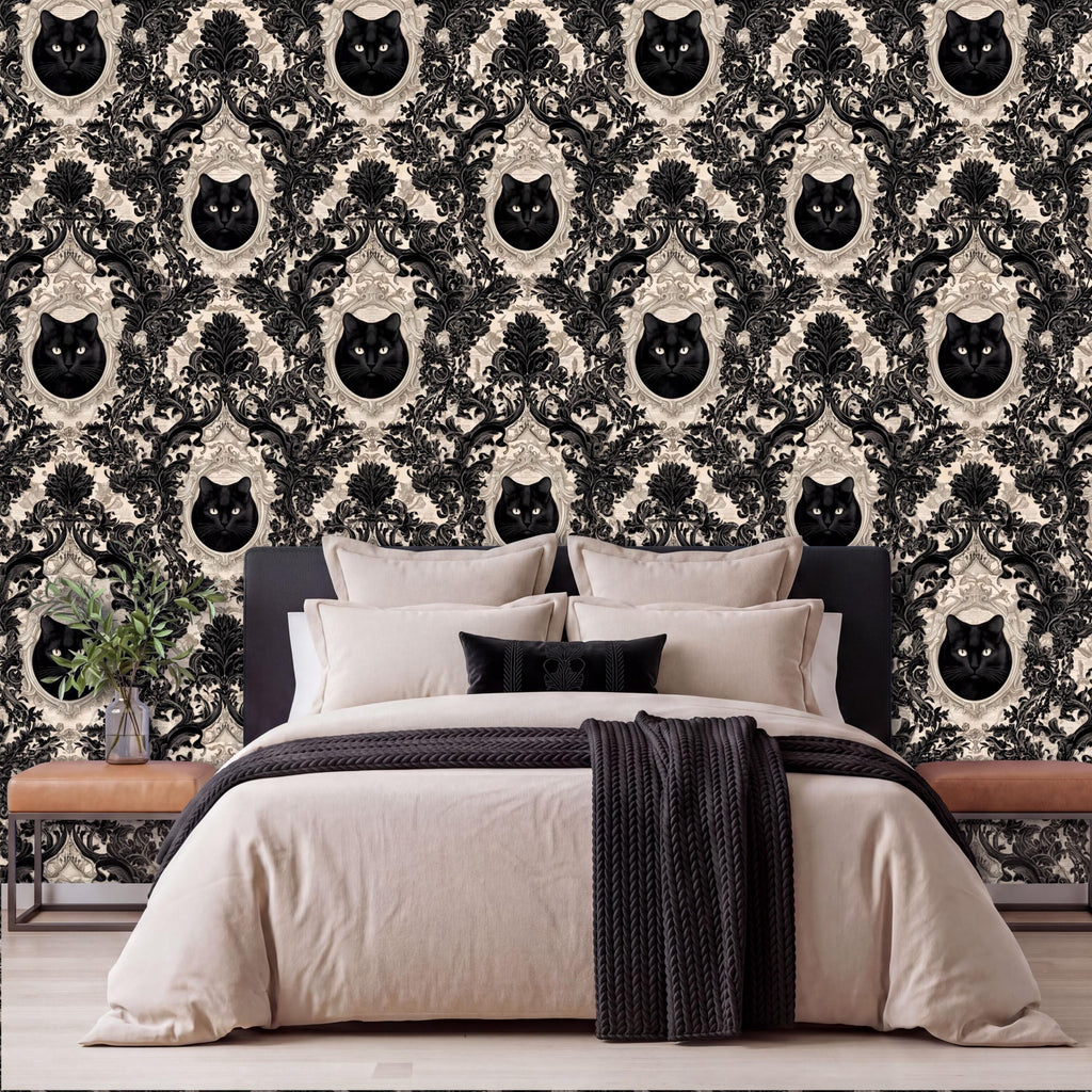 a bedroom with a large bed, dark bedding, and a black and white wallpaper with a repeating pattern of black cat faces.