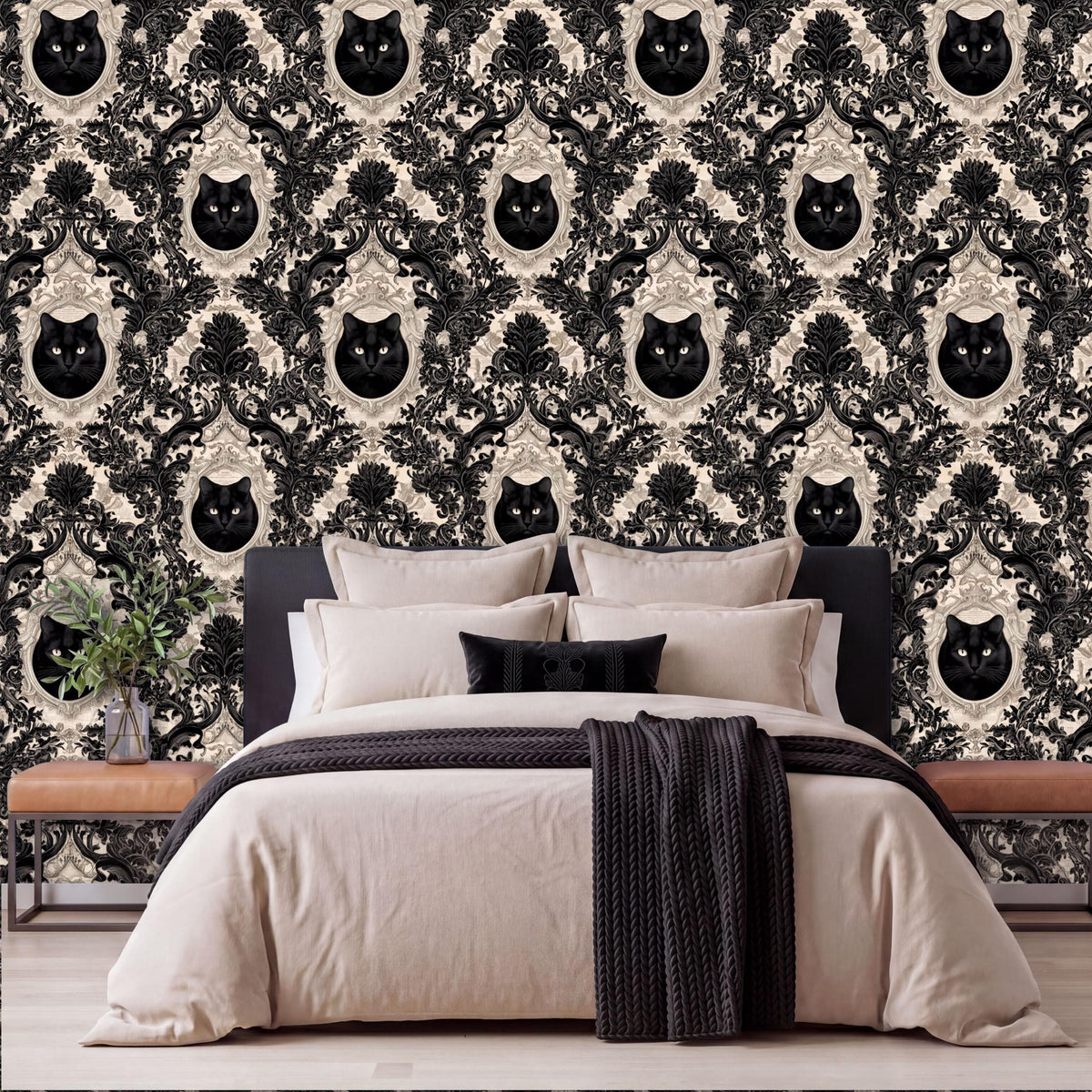 a bedroom with a large bed, dark bedding, and a black and white wallpaper with a repeating pattern of black cat faces.