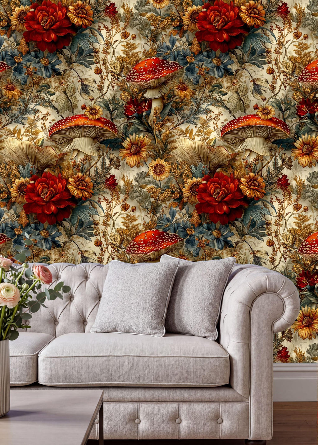 a white sofa with two gray pillows, set against a vibrant floral wallpaper with mushrooms and flowers in shades of red, orange, and yellow.