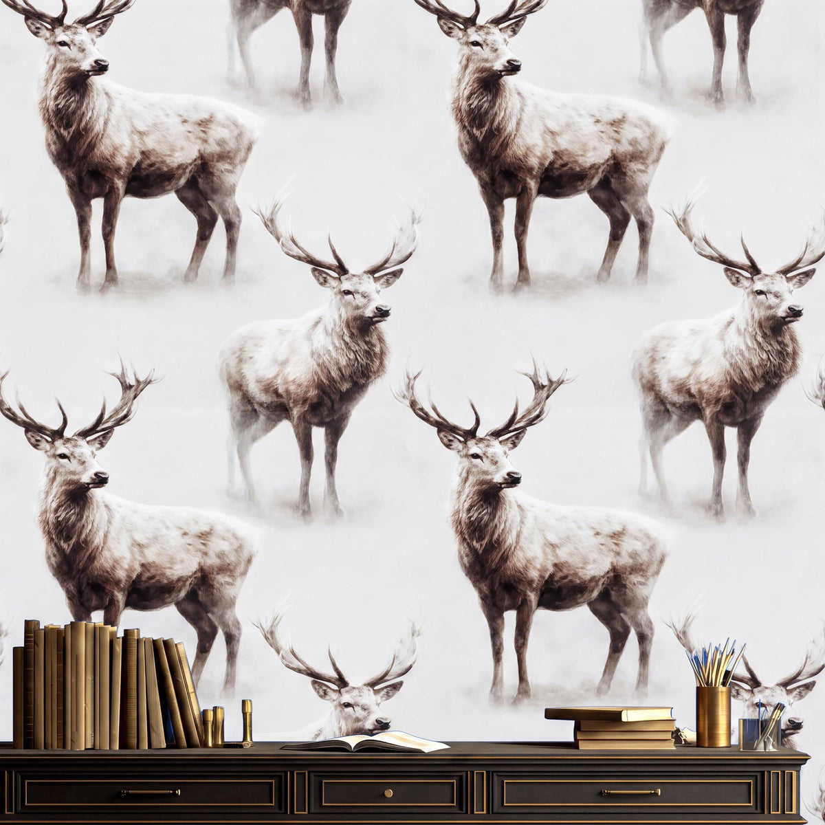 a wallpapered wall with a repeating pattern of deer silhouettes. On a wooden shelf below the wall, there are several books and a cup.