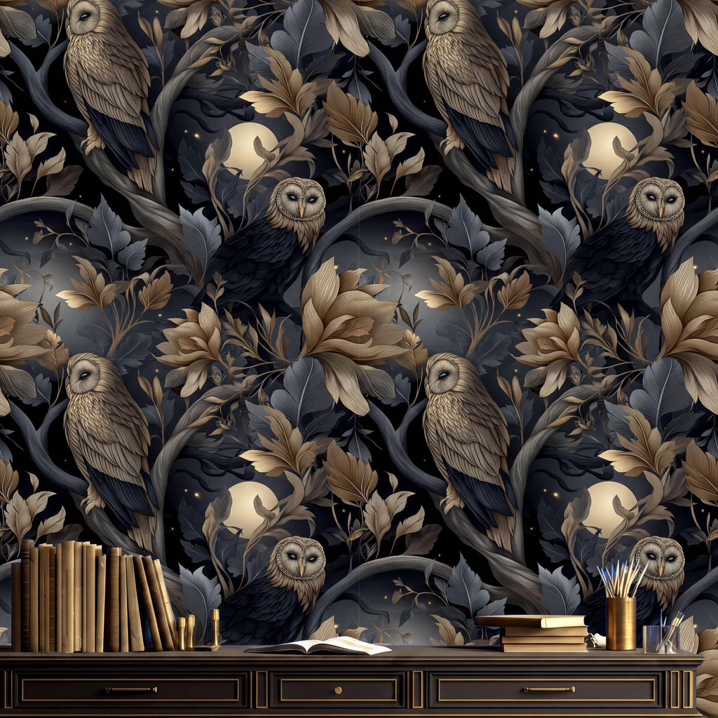 a dark, ornate wallpaper with a repeating pattern of owls and leaves in shades of brown and gold. The wallpaper is set against a dark background, creating a dramatic and mysterious atmosphere. In the foreground, there is a wooden desk with a stack of books and a vase of flowers, adding a touch of elegance and sophistication to the scene.