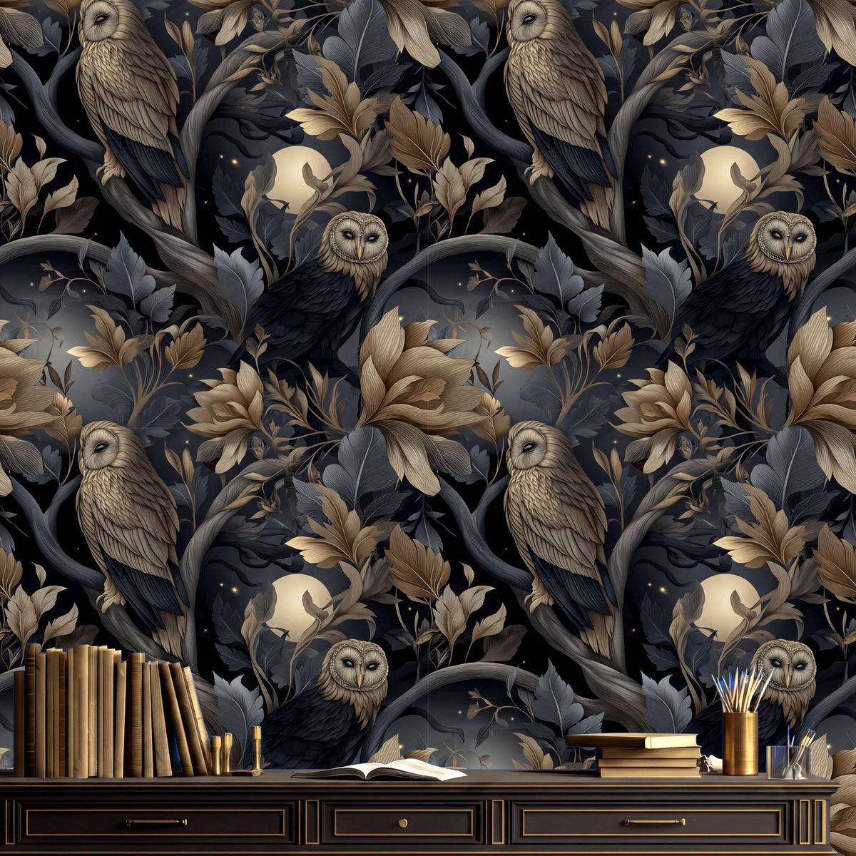 a dark, ornate wallpaper with a repeating pattern of owls and leaves in shades of brown and gold. The wallpaper is set against a dark background, creating a dramatic and mysterious atmosphere. In the foreground, there is a wooden desk with a stack of books and a vase of flowers, adding a touch of elegance and sophistication to the scene.