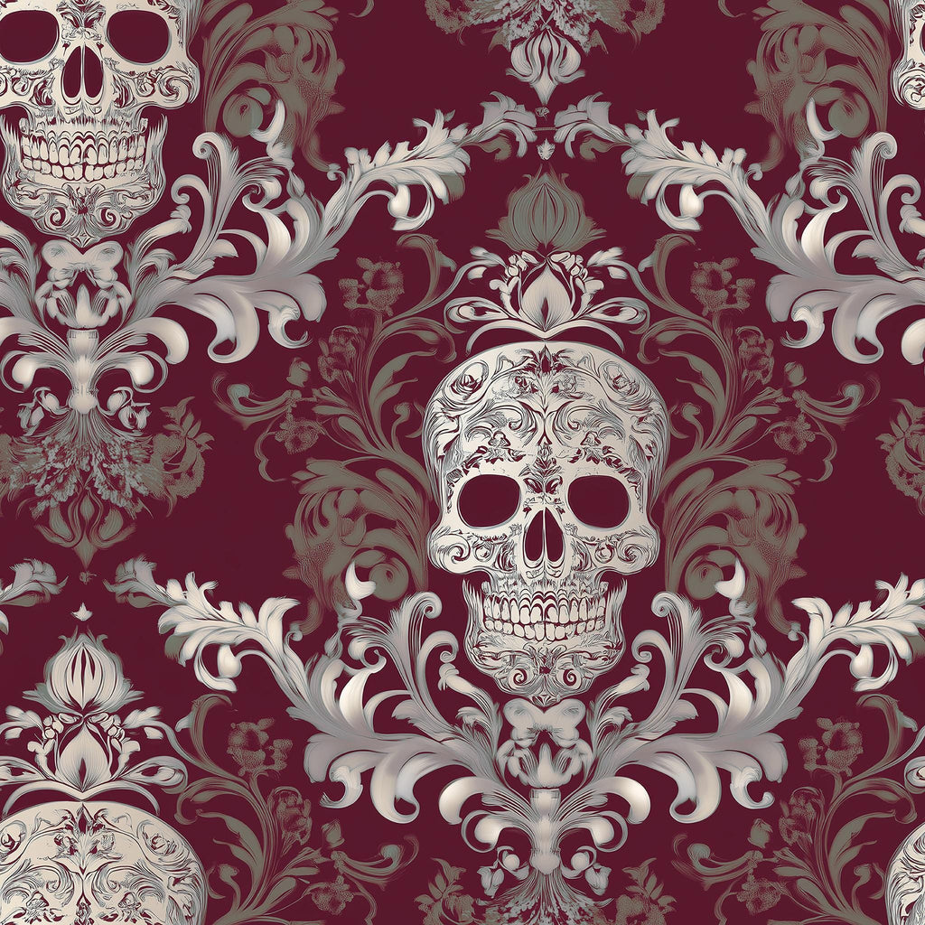a repeating pattern of ornate, floral designs and skulls against a dark red background.